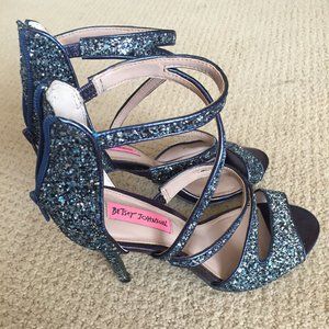 Betsey Johnson Navy Blue Strappy Glitter Heels Size 8